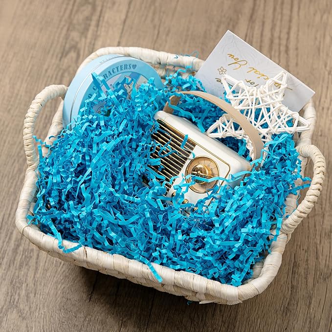 Mefleet 2 LB Crinkle Cut Paper Shred Filler Blue Crinkle Shredded Paper for Gift Box - Gift Basket Bag Filler - Grass Cushion Stuffing for Christmas Holiday Packaging Wrapping