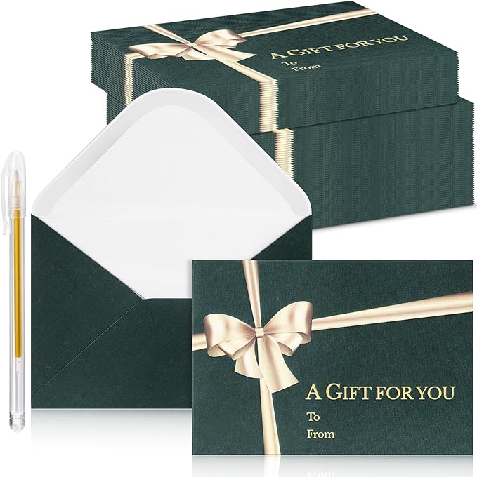 Glenmal 50 Pcs Christmas Mini Gift Card Envelopes with Golden Bow Card Holder Business Envelopes with Gold Ink Pen for Christmas Festival Party Supplies, 2.7 x 3.9''(Green)
