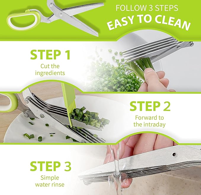 2-Pack Herb Scissors Set with 5 Blades & 3 Blades, Green Stainless Steel Kitchen Shears for Herbs, Veggies, Paper Shredding, with Cleaning Comb & Cover