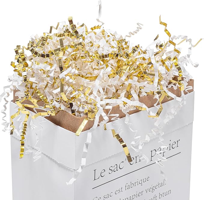 Mefleet 2 LB Crinkle Cut Paper Shred Filler White & Gold Crinkle Shredded Paper for Gift Box - Gift Basket Bag Filler - Grass Cushion Stuffing for Christmas Holiday Packaging Wrapping