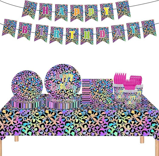 142PCS Leopard Print Party Decorations,Jungle Animal theme Decorations Include Tableware, Plate, Cup, Napkin, Cutlery, Animal Cheetah Print Birthday Party Supplies Serve 20