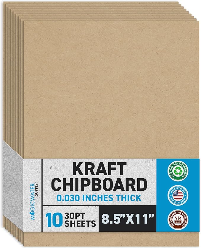 MagicWater Chipboard Sheet for DIY Projects - 8.5x11 Inch - 10 Pack - 30 pt - Heavy Duty Kraft (0.030 Inch Thick) Paperboard, for Scrapbooking, Books, Picture Frame Backing, Arts Project & Crafts