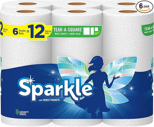 Sparkle Tear-A-Square Paper Towels, 6 Double Rolls : 12 Regular Rolls (3 Packs of 2)