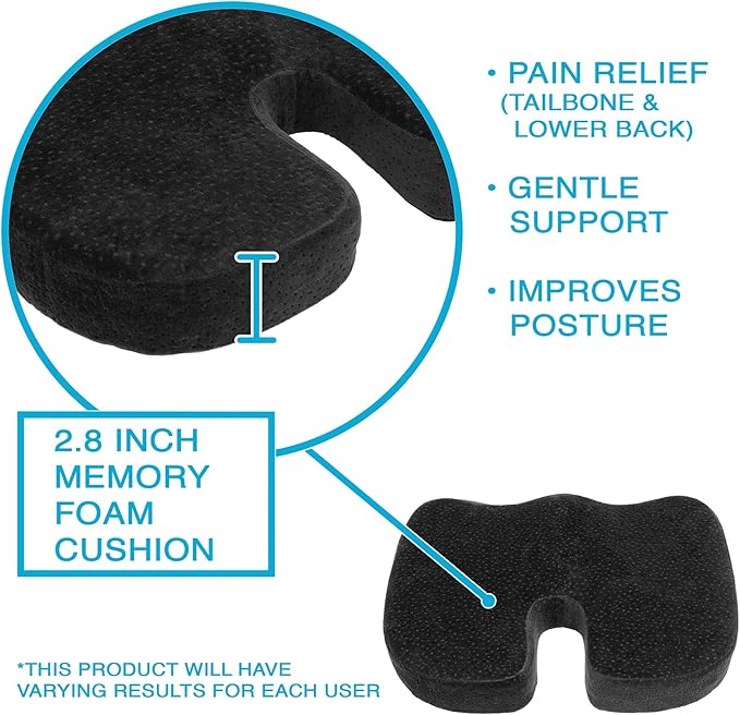 Aurora Health & Beauty Black Memory Foam Coccyx Cushion Orthopedically Designed for Back Tailbone & Sciatica Pain Relief