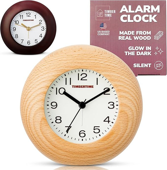 Modern Desk Clock with Alarm – Real Wood, Glow-in-The-Dark, Silent, 5in, Lightweight, No Ticking, Battery Operated (Natural Beech Wood)