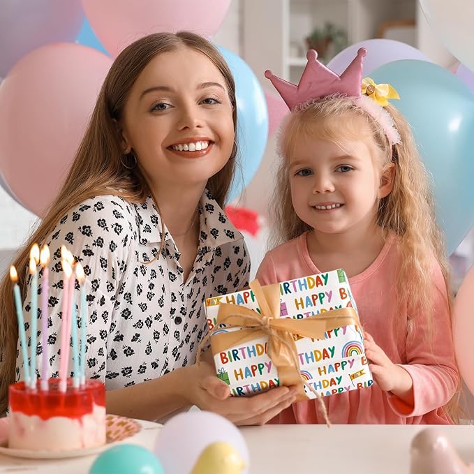 WRAPAHOLIC Reversible Wrapping Paper - Mini Roll - 17 Inch X 33 Feet - Colorful Happy Birthday Lettering Design, Perfect for Parties, Baby Showers