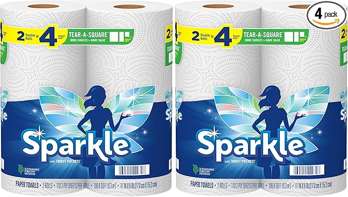 Sparkle Tear-A-Square Paper Towels, 2 Double Rolls = 4 Regular Rolls, Back-to-School Essentials, Customizable Sheets for Lunchboxes, Art Projects, Classrooms, and Home (Pack of 2)
