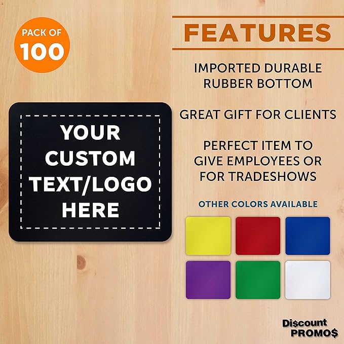 Custom Rectangle Mousepads Set of 100, Personalized Bulk Pack - Great Gift for Employees, Clients, and for Tradeshows - Black