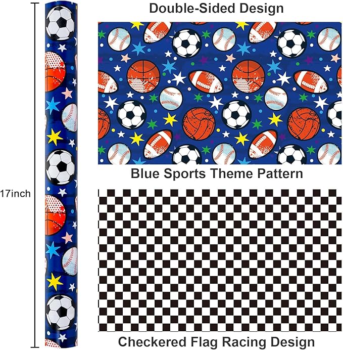 Yarcony Baseball Wrapping Paper Roll, Blue Wrapping Paper for Boys Birthday, Reversible Basketball, Football, Hockey Soccer & Checkered Flag Sports Themed Gift Wrap for Sports Fan(17 In X 16.5 Ft)
