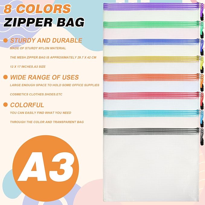 24PCS Mesh Zipper Pouch Bags, A3 17x12 Inches Waterproof Plastic File Puzzle Storage Bags 8 Colors Large Reusable Clear Travel Pouches for Organizing Board Game Office Home School Supplies