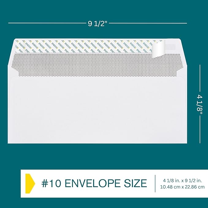 #10 Envelopes Self Seal, 500 Count, Security Tinted, 4 1/8 x 9 1/2 Inch, Business Envelopes Letter Size, 24 LB Paper - Bright White Color - Legal Size