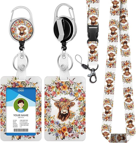 Vintage Highland Cow Lanyards for ID Badge Holder for Women, Cute Florals Teacher Lanyard with ID Holder Clip, Retractable Keychain Badge Reel, Teacher Student Nurse Work Office