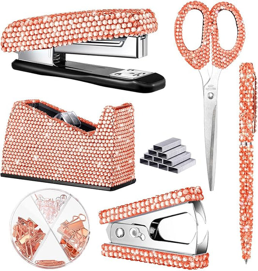 Demissle 6 Pcs Bling Office Desk Accessories Set Crystal School Stationery Kit Scissor Stapler with Staple, Tape Dispenser, Diamond Pen, Staple Remover, Binder Clip, Paper Clip, Push Pins(Rose Gold)