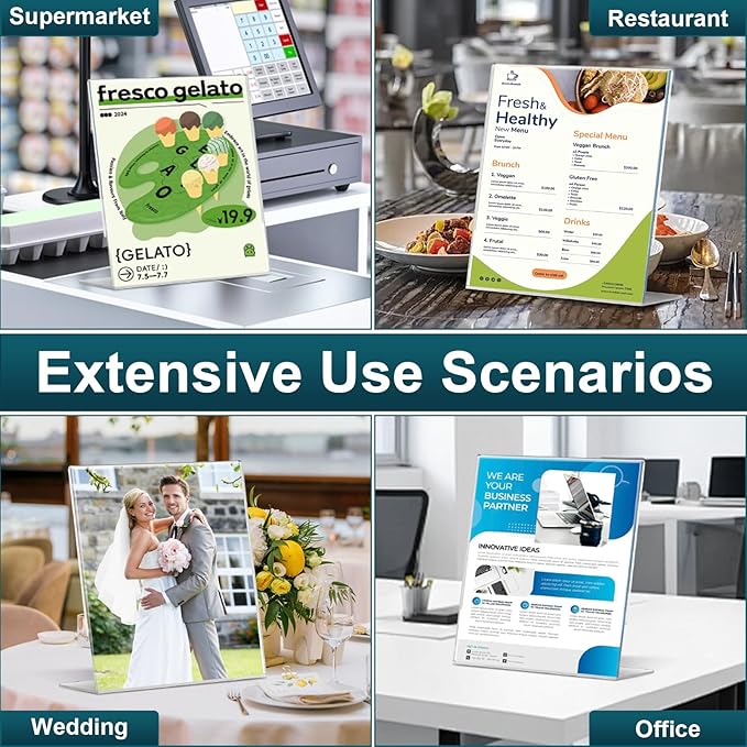 12 Pack Acrylic Sign Holder 8.5x11 Inches, Clear Plastic Table Paper Display Stand, L-Shape Vertical Menu Holder Stand, Clear Picture Photo Flyer Display Stand for Restaurants, Store, Office Desktop