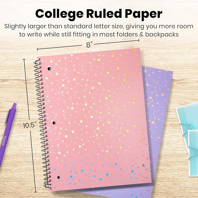 Yoobi College Ruled 8 x 10.5” Spiral Notebook Set – 3-Pack of 1 Subject Notebooks, Pink, Purple & Black Celestial Patterns – 150 Perforated 3-Hole Punched Sheets