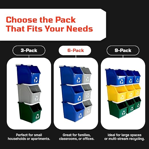 Multi Bin Recycling System with Six Stackable 6 Gallon Recycle Bins to Build Your Recycling Center for Offices, Kitchen, Garages, Businesses - (6 Pack, Blue/Grey)