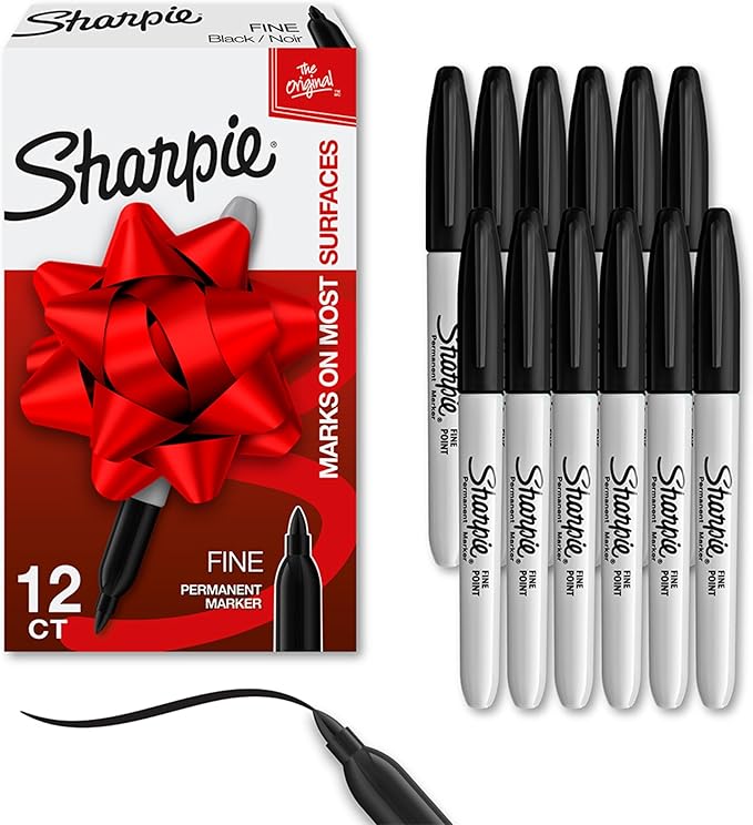 Sharpie Permanent Markers, Fine Tip, Black, 12 Count - For Classroom, Office, & Home, Quick Drying, Fade Resistant, For Wood, Plastic, Paper, Metal, And More, Ideal for Posters, Drawing, Coloring