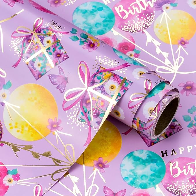 WRAPAHOLIC 30 Inch Purple Birthday Wrapping Paper - 30 Inch x 16.5 Feet - Gold Foil Fantasy Purple Happy Birthday Paper for Women Girls, Wedding, Bridal Shower