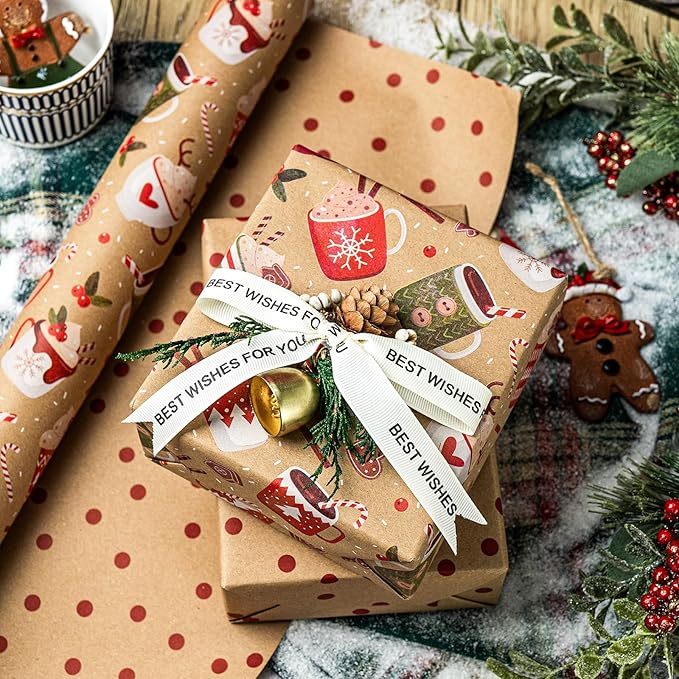 Yarcony Christmas Wrapping Paper Roll, Holiday Mugs Wrapping Paper, Reversible Coffee Cup, Polka Dot Design Cute Kraft Christmas Gift Wrap for Teen Gift Packaging (Mini Roll, 17 Inch X 33 Feet)