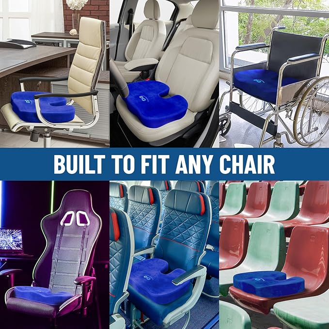 Everlasting Comfort Doctor Recommended Memory Foam Seat Cushion for Office Chairs & Car - Ergonomic Office Desk Accessories - Cushions for Tailbone Pain Relief, Sciatica (Blue, Large)