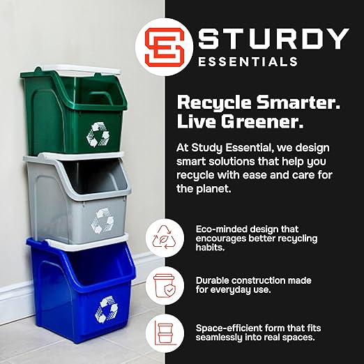 Multi Bin Recycling System with Three Stackable 6 Gallon Recycle Bins to Build Your Recycling Center for Offices, Kitchen, Garages, Businesses (3 Pack, Blue/Grey/Green)
