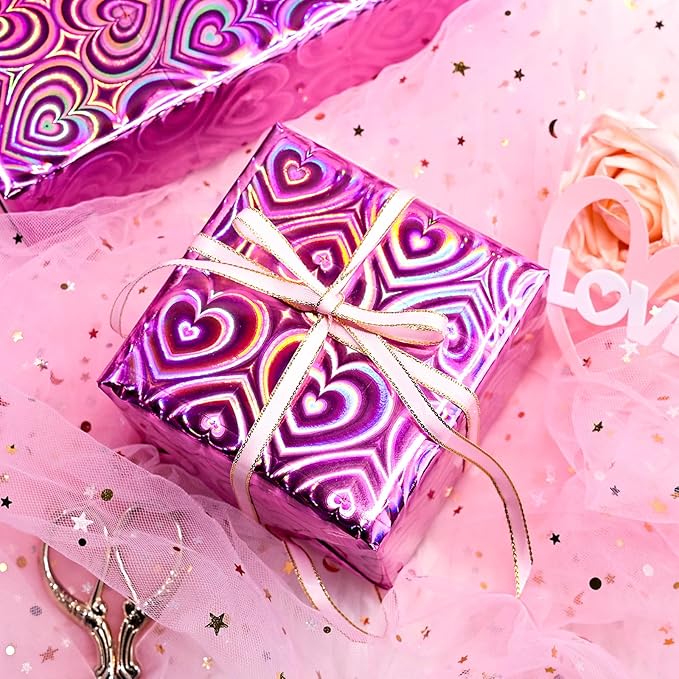 Yarcony Pink Wrapping Paper, Mini Roll, Holographic Hearts Wrapping Paper, Valentine's Day Present Paper for Lover Anniversary, Wedding, Mother's Day, Birthday, Romantic Occasions (17 Inch X 33 Feet)