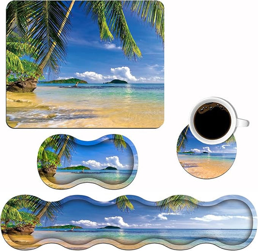 Ergonomic Keyboard Wrist Rest and Mouse Pad Wrist Rest Set with Coasters [4Pcs], Non-Slip Rubber Base for Home Office Working Studying Easy Typing & Pain Relief, Shore Palms Tropical Beach