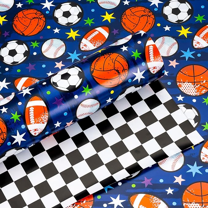 Yarcony Baseball Wrapping Paper Roll, Blue Wrapping Paper for Boys Birthday, Reversible Basketball, Football, Hockey Soccer & Checkered Flag Sports Themed Gift Wrap for Sports Fan(17 In X 16.5 Ft)