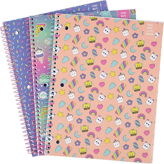 Yoobi Wide Ruled 8 x 10.5” Spiral Notebook Set – 3-Pack of 1 Subject Notebooks, Sprinkles, Sweet Dreams & Marshmallow Prints – Gift for Kids – 100 Perforated 3-Hole Punched Sheets