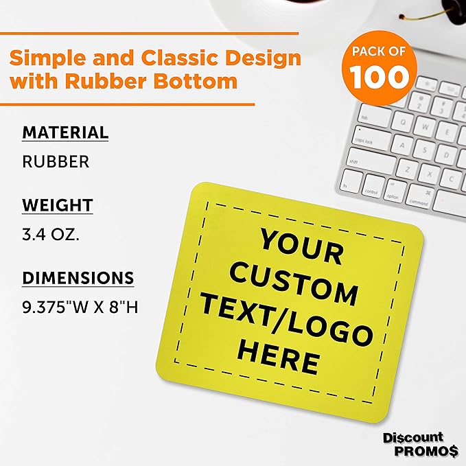 Custom Rectangle Mousepads Set of 100, Personalized Bulk Pack - Great Gift for Employees, Clients, and for Tradeshows - Yellow