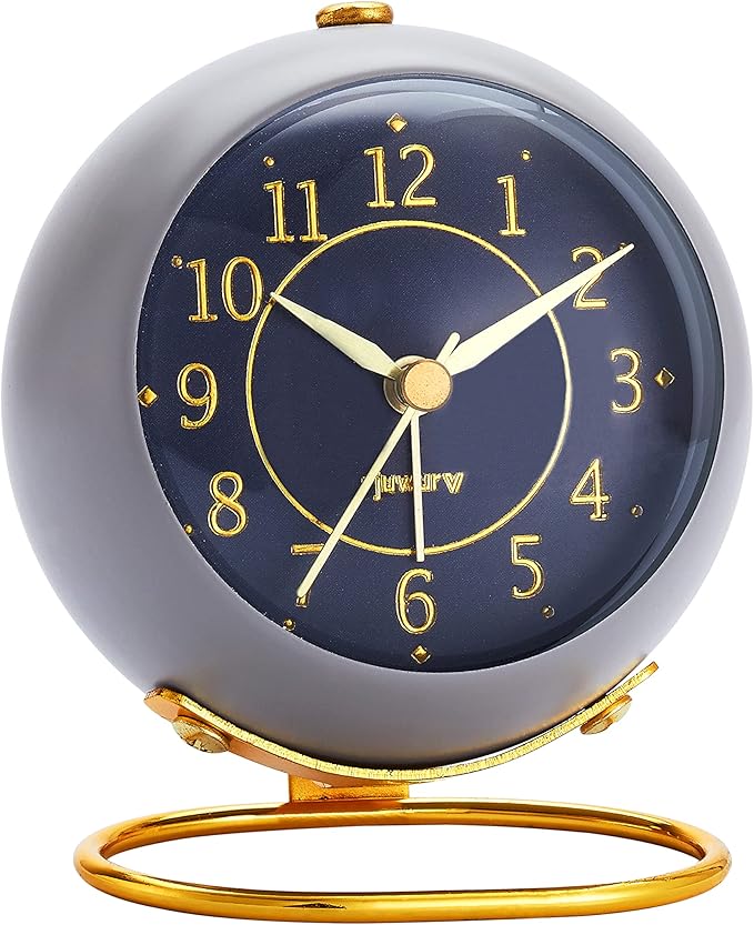 Metal Desk Alarm Clock, Retro Bedroom Table Vintage Analog Alarm Clock, Silent Non-Ticking Gold Clock, Bedside Décor(Sinor Gray)