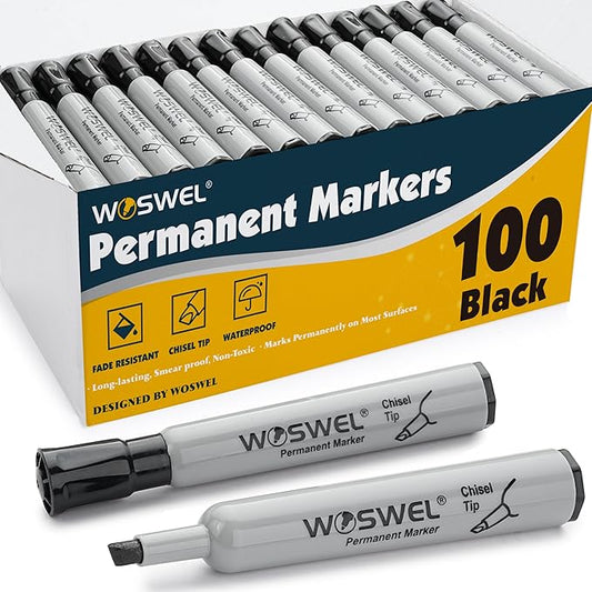 100 Pack Permanent Markers Bulk, Chisel Tip, Black, Jumbo Thick Large Permanent Markers, Wide Tip Markers, Works on Plastic,Wood,Stone,Metal and More, Perfect for Signs and Posters