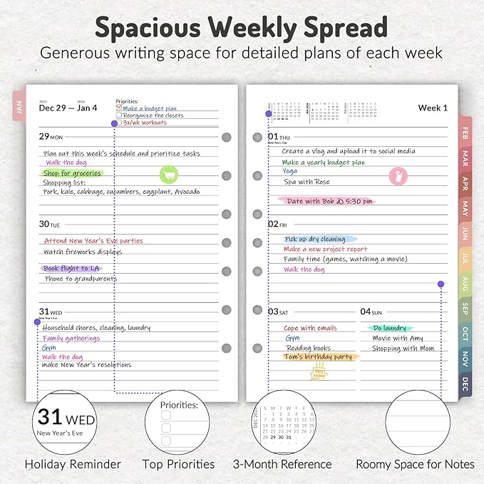 2026 Weekly & Monthly Planner Refills for A5 7-Ring Binders, Jan 2026 - Dec 2026, Forvencer 7-Hole Punched Planner Inserts with Colorful Monthly Tabs, Small Calendar Organizers, 5-3/4" x 8-1/4"