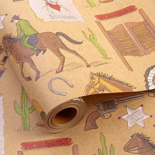 Homeral Rodeo Kraft Wrapping Paper Roll - 17In x 32.8Ft Old Wild West Style Gift Wrap with Cowboy & Horse & Wanted Poster Gift Wrap for Boys Birthday, Bachelor Party, Christmas, Farm Theme