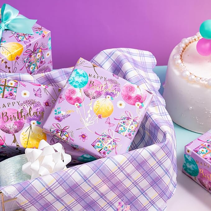 WRAPAHOLIC Purple Birthday Wrapping Paper - Mini Roll - 17 Inch x 16.5 Feet - Gold Foil Fantasy Purple Happy Birthday Paper for Kids, Girls, Women, Wedding, Bridal Shower