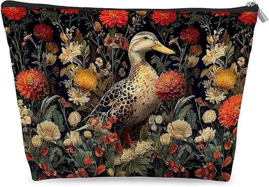 Vintage Floral Duck Makeup Bag, Gifts for Duck Lovers Cosmetic Bag for Women, Dark Cottagecore Wildflower Farm Animal Small Toiletry Bags Zipper Makeup Pouch