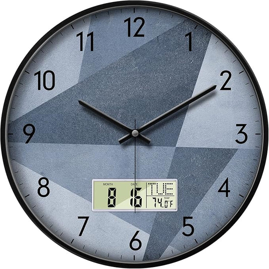 SCAOGE Industrial Wall Clock with Day Week Temperature Grayish Blue Non-Ticking Digital Clocks Large Display Battery Operated Wall Mount Analog Clock with Date for Living Room Bedroom Decor 12 Inch