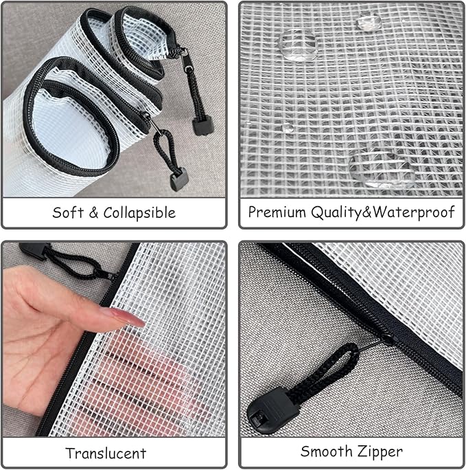 20 Pack Mesh Zipper Pouch Bags with Label Pocket, 13 x 9.37 in Black Plastic Zip File Folders Letter Size A4 Document Organizer, Waterproof Pencil Case for Travel Storage School Office Supplies