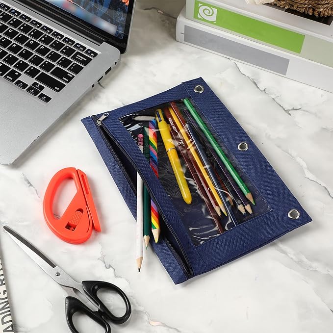 Marspark 30 Packs Pencil Pouch 3 Ring Binder Pen Pouch Cloth Pencil Pouches Zipper Pen Case Bag with Clear Window for School Office Writing Supplies Gifts(Navy Blue)