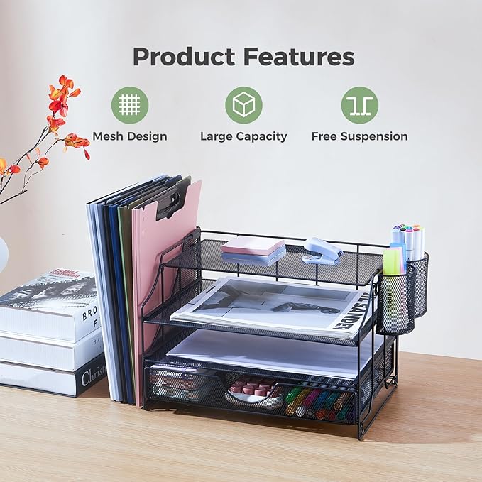 Desk Organizers and Accessories, 4 Tier Paper Letter Tray Organizer Holder Desk Organization with Drawer, Mesh Desktop Organizer with Vertical File Holder Workspace Accessories for Office Supplies