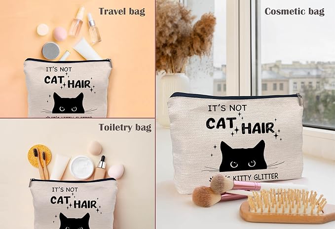 It's Not Cat Hair It's Kitty Glitter Funny Black Cat Makeup Bag Make up Cosmetic Bag Small Zipper Pouch,Birthday Gifts for Cat Lovers Women Sister Daughter