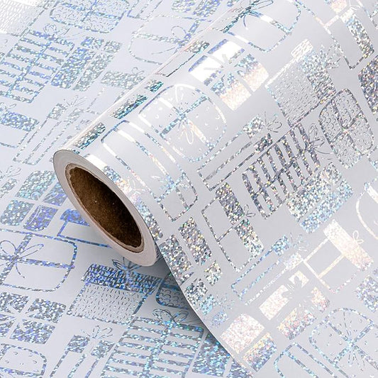 WRAPAHOLIC Wrapping Paper Roll - Mini Roll - 17 Inch x 33 Feet - Silver Present Design with Metallic Foil Shine for Birthday, Party, Baby Shower