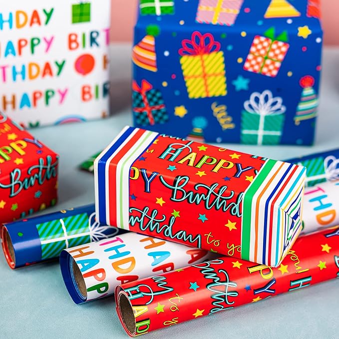WRAPAHOLIC Reversible Birthday Wrapping Paper - 3 Mini Rolls - 17 Inch X 120 Inch Per Roll - Happy Lettering and Gift Box for Kid's Birthday, Baby Shower