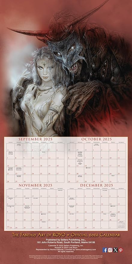 The Fantasy Art of Royo 2026 Wall Calendar, 16-Month Dark Fantasy Art & Illustration Calendar, 12" x 12", Monthly Calendar 2026 Planner with Large Grids for Office or Home, Includes 2025 Bonus Months