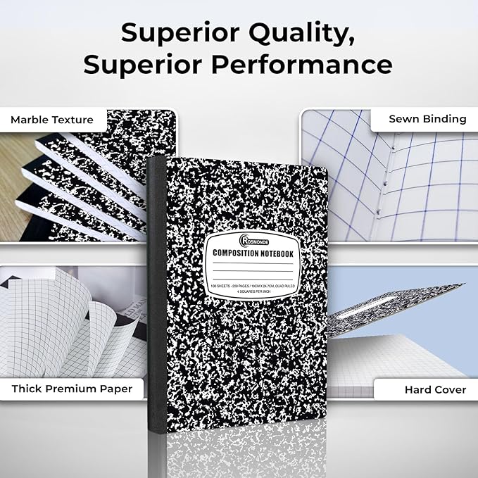 Rosmonde Graph Paper Composition Notebook, 5 Pack, 200 Pages (100 Sheets), Quad Ruled Composition Notebook, Graph Notebooks, 4x4 Grid Composition Notebook, Black Marble, Sewn Hard Cover, 9-3/4 x 7-1/2