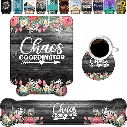 Keyboard Wrist Rest & Mouse Pad Wrist Support Set, Chaos Coordinator Quotes Colored Floral Wreath Print Design Non-Slip Rubber PU Base for Home Office Working Studying Easy Typing & Pain Relief