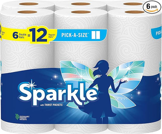 Sparkle Pick-A-Size Paper Towels, 6 Double Rolls (660 Sheets Total) - Strong 2-Ply Towels for Kitchen Cleanup and Everyday Messes