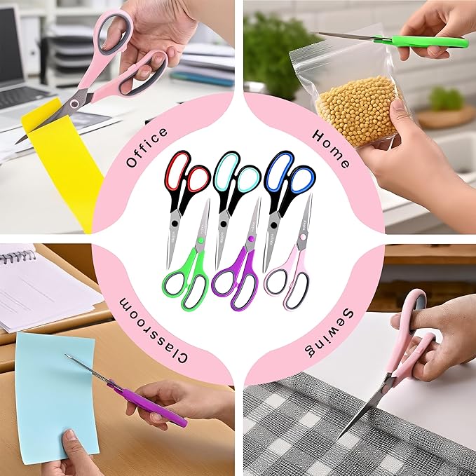 Scissors, Rkqoa 8" All Purpose Office Scissor 6 Pack - Comfort-Grip Sharp Shears for Office School House Sewing Fabric Crafts Arts Desk Classroom Supplies, Teacher/Class Scissors