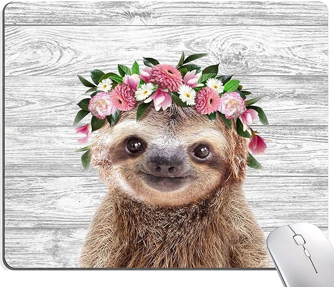 Hokafenle Mouse Pad, Cute Sloth with Floral Mouse Pad, Mouse Mat Square Waterproof Mousepad with Design, Non-Slip Rubber Base Mouse Pads for Women Office Laptop