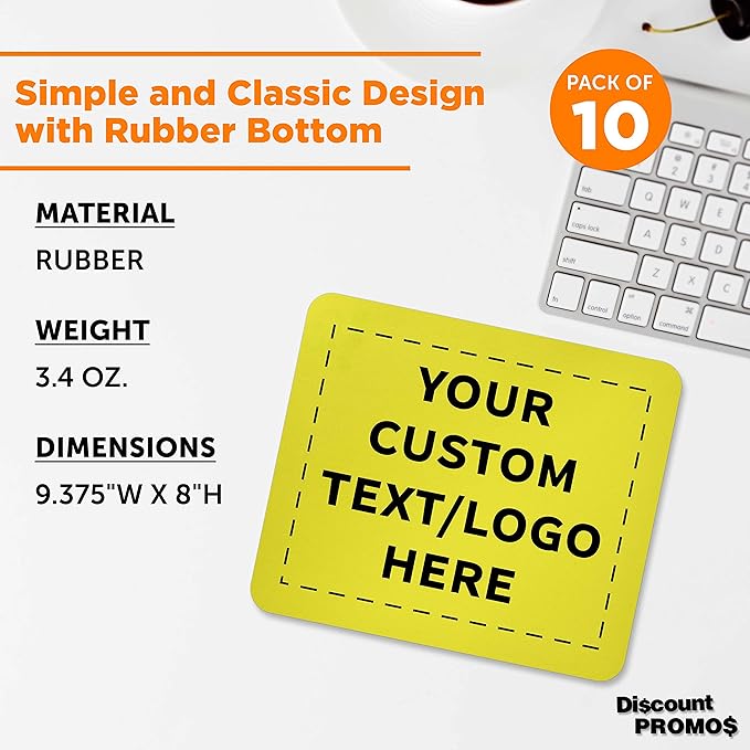 Custom Rectangle Mousepads Set of 10, Personalized Bulk Pack - Great Gift for Employees, Clients, and for Tradeshows - Yellow